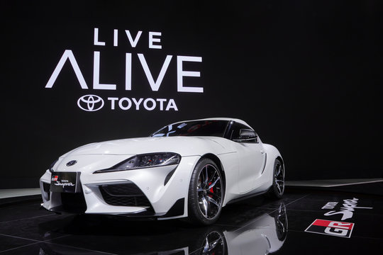 Bangkok, Thailand - March 28, 2019 : Toyota Supra GR Supercar white color on display in 40th Bangkok International Motor Show 2019 at Thailand