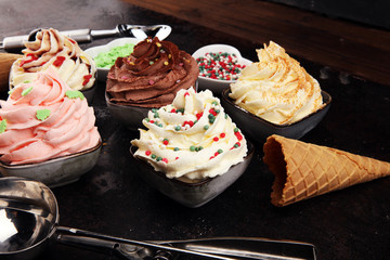 soft ice cream in flavor vanilla, chocolate and strawberry. Delicous creamy refreshing ice cream