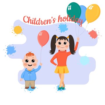 Fun children's party. Children with balloons isolated on white background with space for text. Flat style. Template for creativity, a picture on the site.  Vector illustration