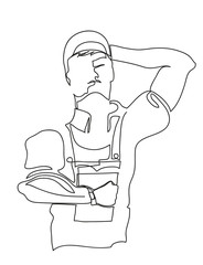 One continuous line drawing of strong but tired foreman. Simple line art drawing of  foreman holding notepad.