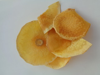 Breadfruits chips. Sweet and salty chips made from breadfruit slices. Breadfruit or called Sukun (Artocarpus altilis) is a native fruit from Indonesia.