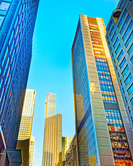 Fototapeta premium Bottom up Street view on Financial District of Lower Manhattan, New York City, NYC, USA. Skyscrapers tall glass buildings United States of America. Blue sky on background. Empty place for copy space.