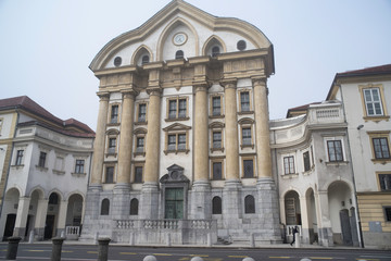Fototapeta na wymiar View of Ursuline Church of the Holy Trinity at morning in Ljubljana