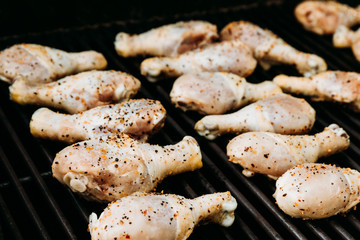 Raw Seasoned Chicken Drumsticks On The Grill, Grilling Chicken	