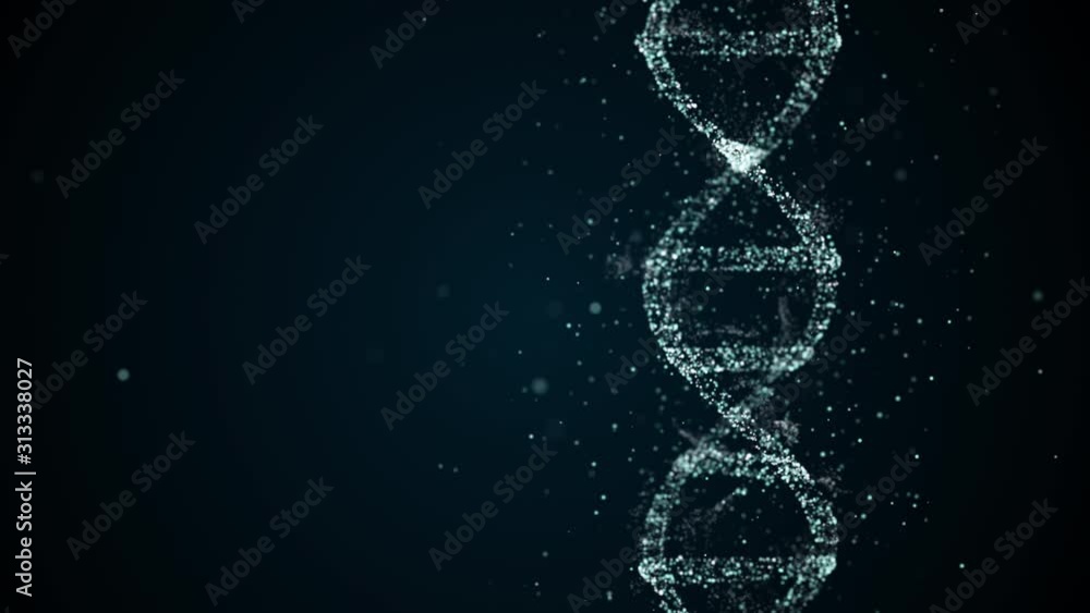 Poster rotation of digital dna on abstract background with floating particles collecting genetic data.