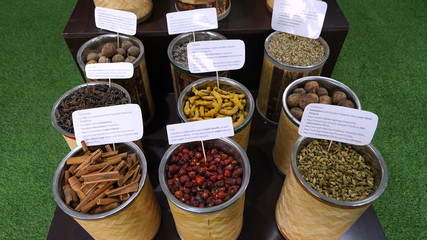 Baskets of colorful spices at market in Dubai