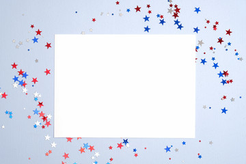 Independence day USA banner mockup with confetti stars in American national colors and blank paper...