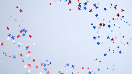 Independence day USA banner mockup with confetti stars in American national colors. USA Presidents Day, American Labor day, Memorial Day, US election concept.