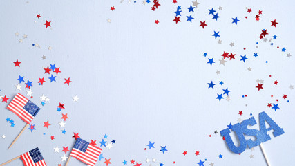 Happy Presidents Day banner mockup with American flags and confetti. USA Independence Day, American Labor day, Memorial Day, US election concept.