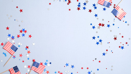Happy Presidents Day banner mockup with American flags and confetti. USA Independence Day, American Labor day, Memorial Day, US election concept.