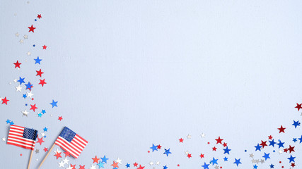 Happy Presidents Day banner mockup with American flags and confetti. USA Independence Day, American...