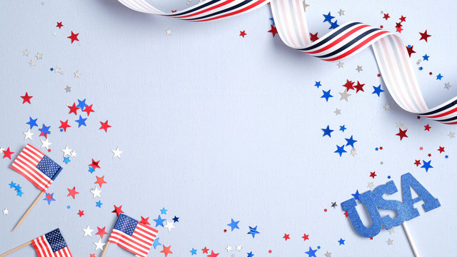 Independence day USA banner mockup with American flags, confetti and ribbon. USA Presidents Day, American Labor day, Memorial Day, US election concept.