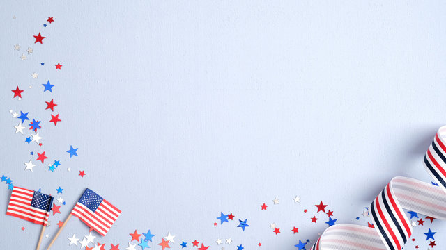 Happy Presidents Day banner mockup with American flags, confetti and ribbon. USA Independence Day, American Labor day, Memorial Day, US election concept.