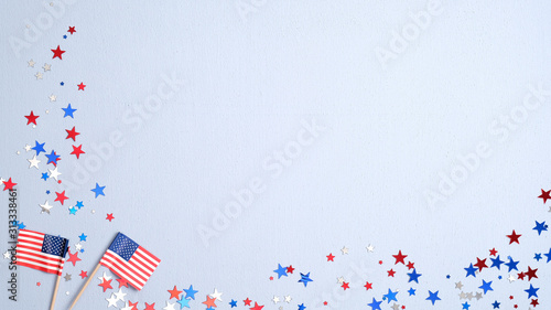 Happy Presidents Day banner mockup with American flags and confetti. USA Independence Day, American Labor day, Memorial Day, US election concept.