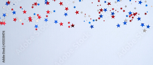 Happy Presidents Day banner mockup with confetti stars. USA Independence Day, American Labor day, Memorial Day, US election concept.