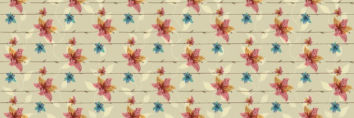 Floral seamless pattern with blooming flowers. Watercolor effect imitation, aquarelle paints.