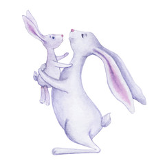 Easter bunny rabbit isolated on white. Honey bunny. Mother's day or baby's Day. Happy mother rabbit holding a small rabbit, vector on a white background. The concept of mother and child.