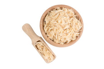 dried prawns in wooden bowl and scoop isolated on white background. food ingredient.