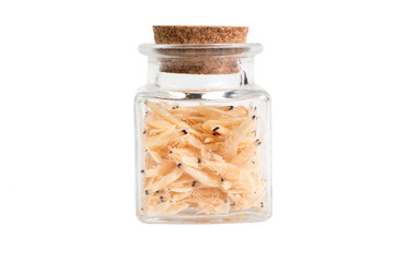 dried prawns dried prawns in a glass jar isolated on white background. food ingredient.