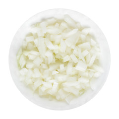 White onions chopped in a light bowl. A set of three types. Isolate on a white background, top view.