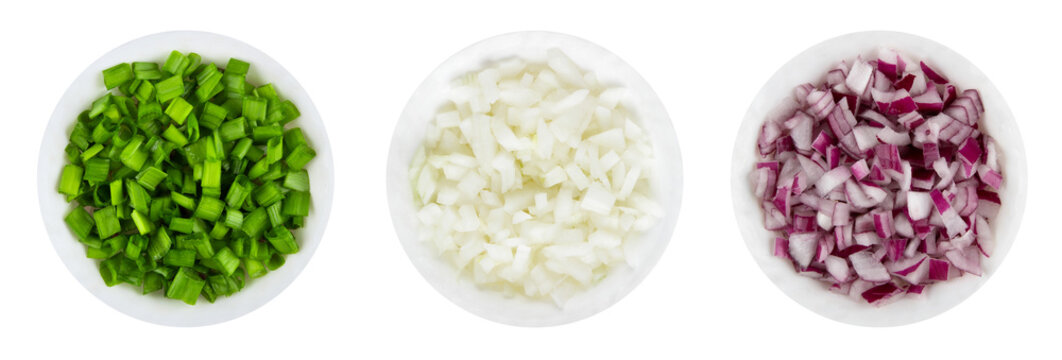 Red, white, green onions chopped in a light bowl. A set of three types. Isolate on a white background, top view.
