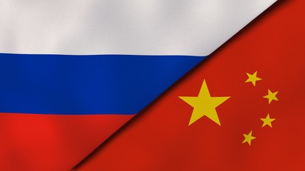 Russia China national flags. News, reportage, business background. 3D illustration