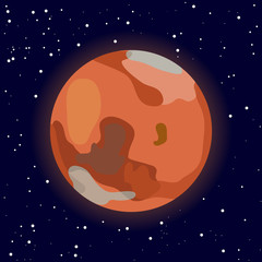 Fototapeta premium Mars. Red planet illustration on star background. Solar system. Astronomy. Drawing in cartoon flat style.
