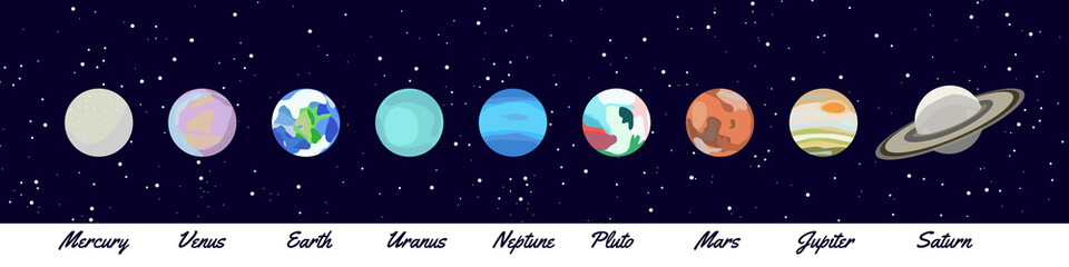Planets of solar system. Mars, Earth, Neptune, Uranus, Saturn, Venus, Mercury, Pluto, Jupiter. Planet icon set. Cartoon flat drawing