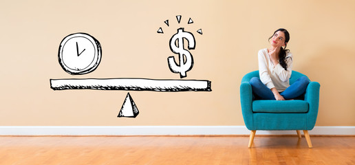 Time and money on the scale with woman in a thoughtful pose in a chair