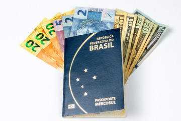 New Brazilian passport in a white background. with a write space. Passaporte Brasileiro, em fundo branco, com espaço para escrita.