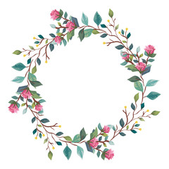 frame circular of flowers with branches and leafs vector illustration design