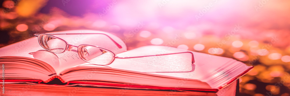 Poster stack of books in the library and blur background