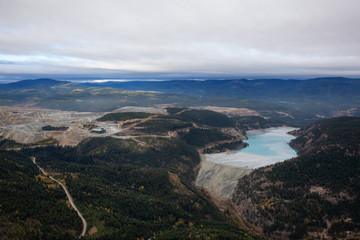 Aerial view of Copper Mine Tailing pond in the interior British Columbia, Canada. Taken during a...