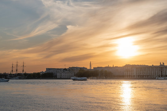 Orange sunset over the Neva, St. Petersburg.