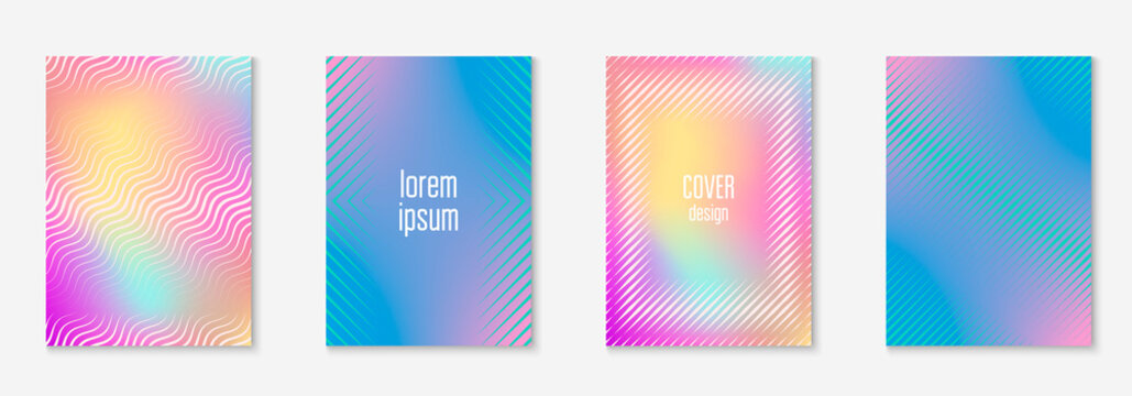 Design magazine cover. Holographic. Retro placard, journal, wallpaper, mobile screen layout. Design magazine cover as template with line geometric element.