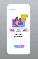 beauty blogger showing latest trend makeup tutorials recording online video woman vlogger explaining how to use shadow brush blogging concept smartphone screen mobile app portrait copy space vector