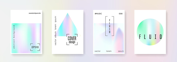 Gradient mesh cover set. Abstract backgrounds. Trendy gradient mesh cover with holographic foil. 90s, 80s retro style. Pearlescent graphic template for book, annual, mobile interface, web app.