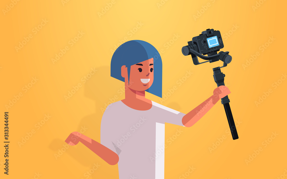 Poster woman blogger holding stabilizer with camera live streaming broadcast social media networking concep