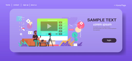 technology blogger recording online video man testing new smartphone blogging concept vlogger explaining digital gadget functional full length horizontal copy space vector illustration