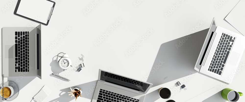 Poster top view office desk. work space. 3d rendering