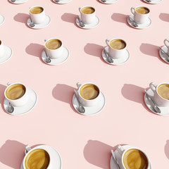 Coffee cups pattern on pastel pink background. Minimal concept. 3d rendering