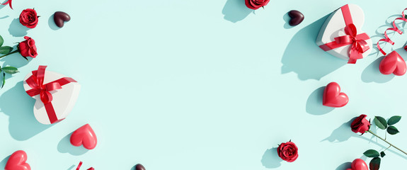 Flat lay valentines decoration with gift box on pastel blue background. 3d rendering