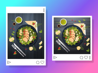 photos of fresh salad prepared dish for blog food blogging social media concept food hunter review horizontal vector illustration