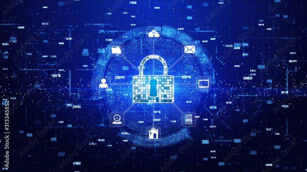 Poster lock icon cyber security, digital data network protection, future technology network background conc