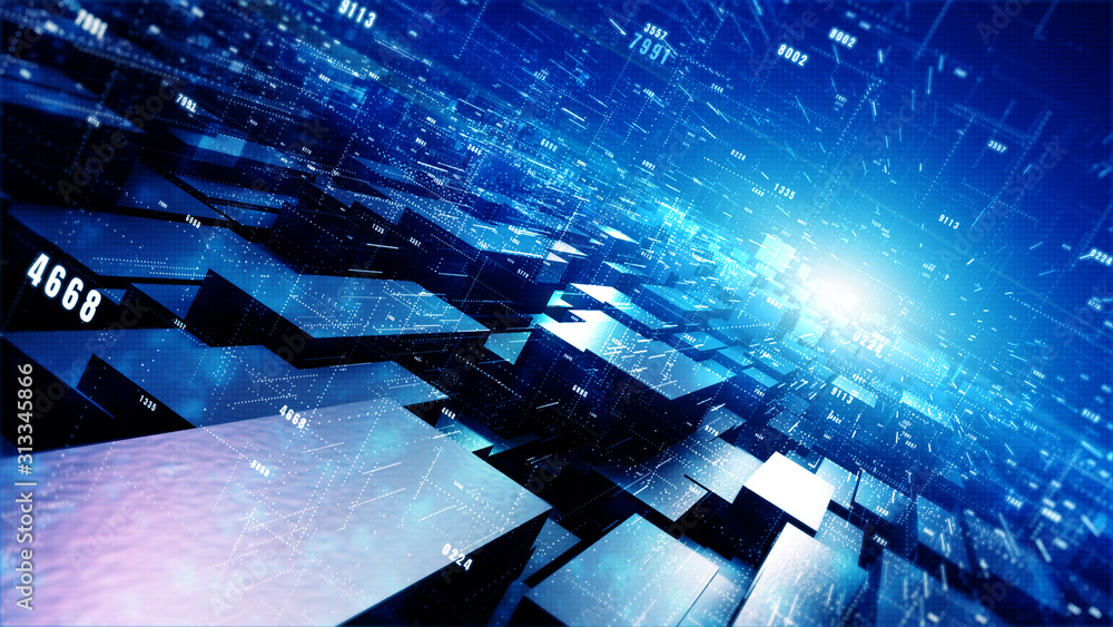 Poster digital cyberspace geometric background with particles and digital data network connections.