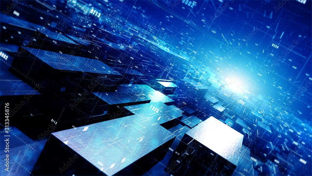 Poster digital cyberspace geometric background with particles and digital data network connections.