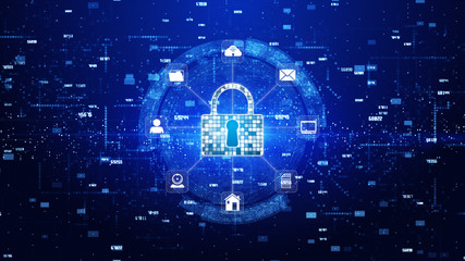 Lock Icon Cyber Security, Digital Data Network Protection, Future Technology Network Background Concept.