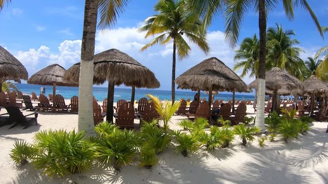 Beach lounge chairs in a beautiful resort cozumel Mexico in a summer day in caribbean
