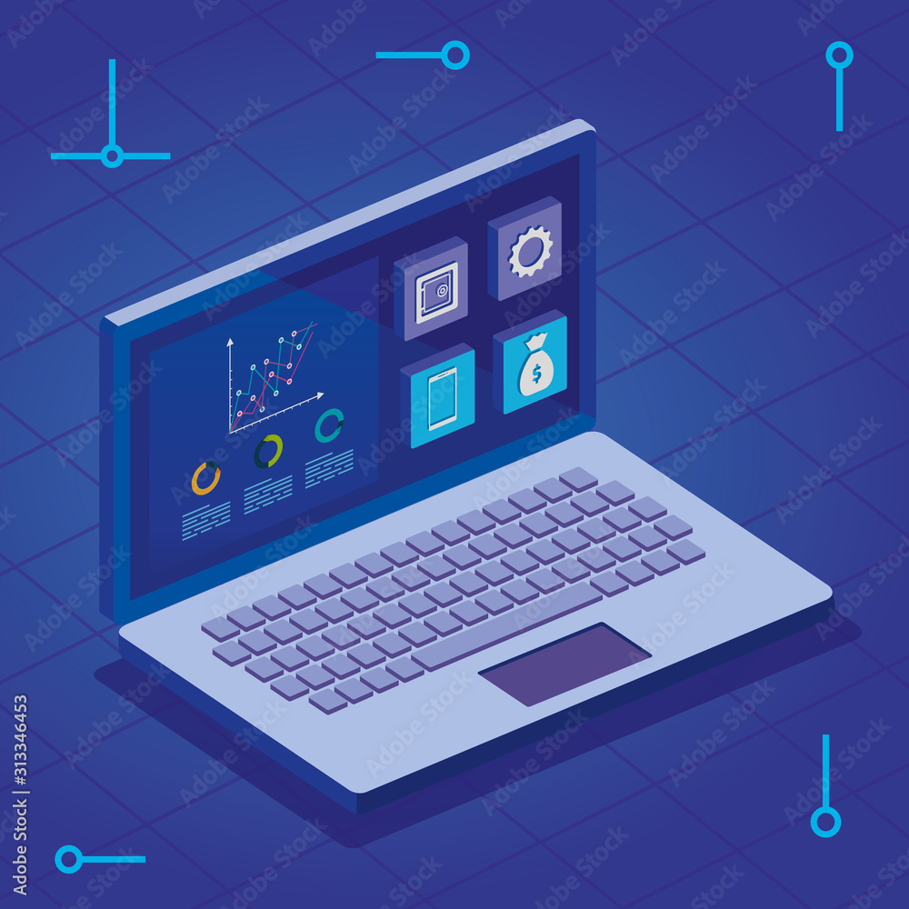 Poster laptop computer with infographics and app menu vector illustration design