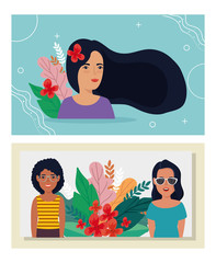 group women with leafs tropicals avatar character vector illustration design